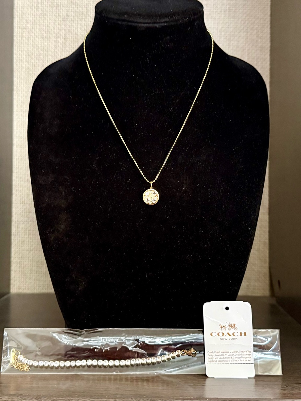 Coach Pink Crystal Medallion Necklace & 18k Gold Filled Zircon Tennis Bracelet